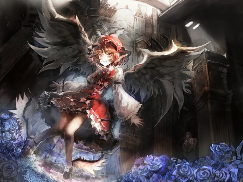 Anime Girl with Wings — Red, Dramatic, Digital Art, Roses