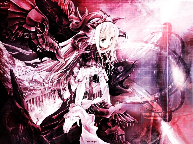Anime Girl with Wings — Red, Dramatic, Digital Art, Skull, Sword