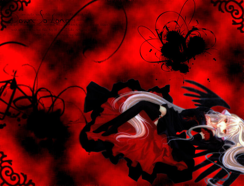 Anime Girl with Wings — Red, Dramatic, Digital Art, Skull