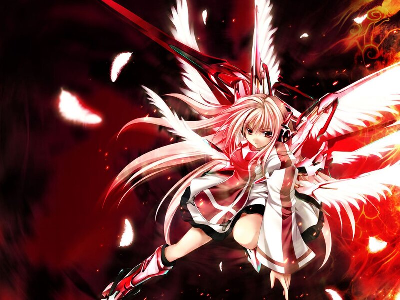 Anime Girl with Wings — Red, Dramatic, Digital Art, Sword, Fire
