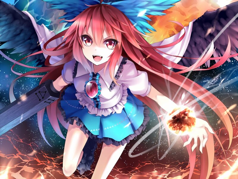 Anime Girl with Wings — Red, Dramatic, Digital Art, Sword, Magic Ball