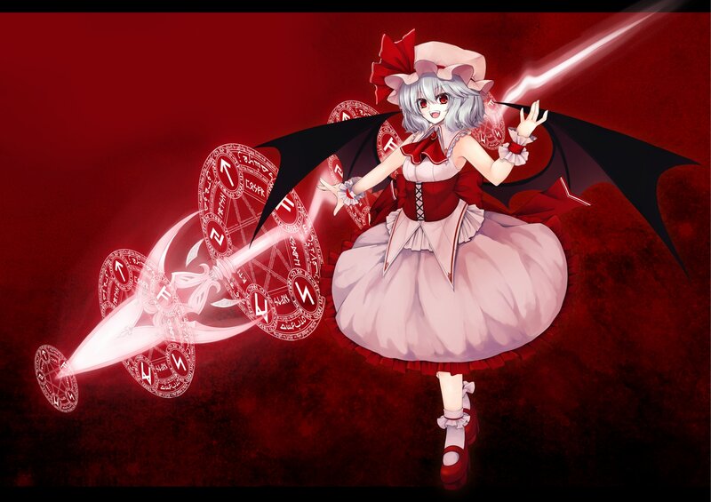 Anime Girl with Wings — Red, Dramatic, Digital Art, Sword, Magic Circles