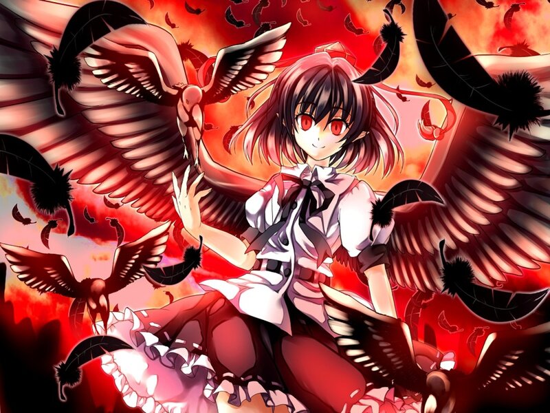 Anime Girl with Wings — Red, Dramatic, Feathers