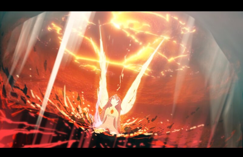 Anime Girl with Wings — Red, Dramatic, Fire, Explosion