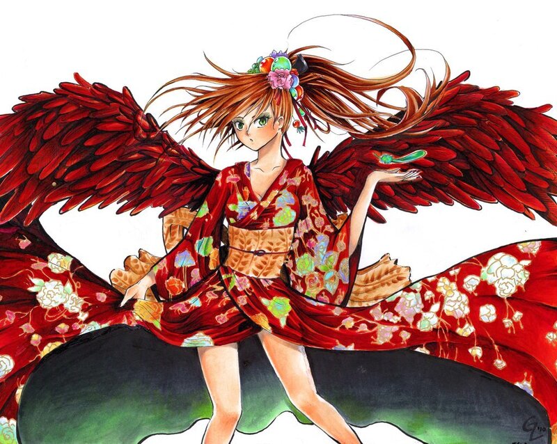 Anime Girl with Wings — Red, Dramatic, Manga