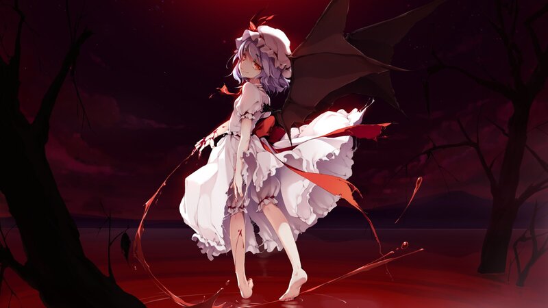 Anime Girl with Wings — Red, Dramatic, Night, Digital Art, Blood
