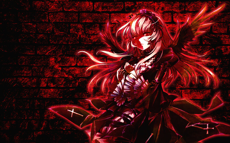 Anime Girl with Wings — Red, Dramatic, Night, Digital Art, Bricks, Crosses