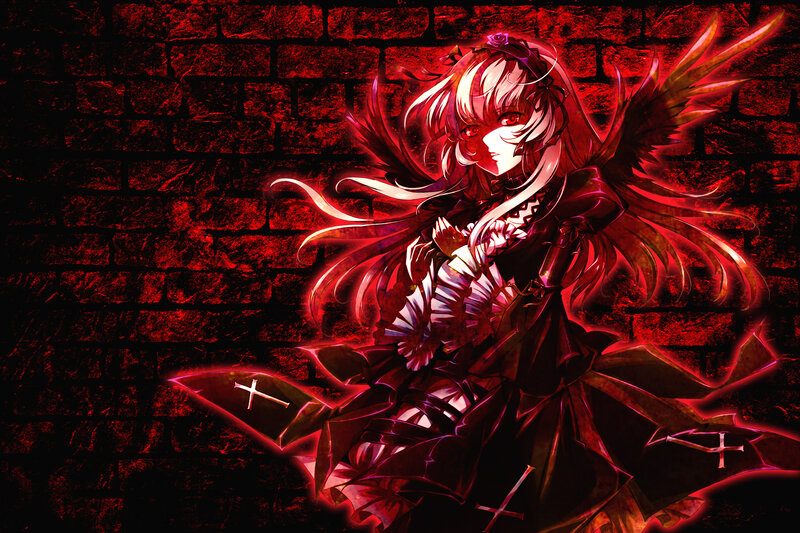 Anime Girl with Wings — Red, Dramatic, Night, Digital Art, Bricks