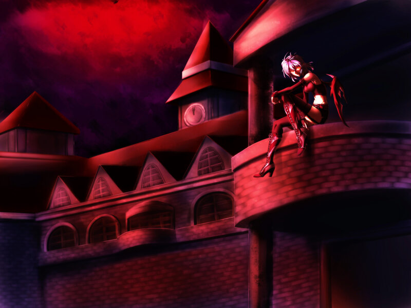 Anime Girl with Wings — Red, Dramatic, Night, Digital Art, Building