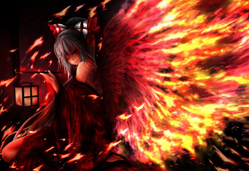 Anime Girl with Wings — Red, Dramatic, Night, Digital Art, Fire