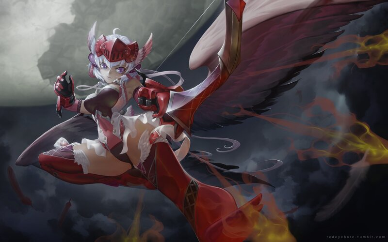Anime Girl with Wings — Red, Dramatic, Night, Digital Art, Flames