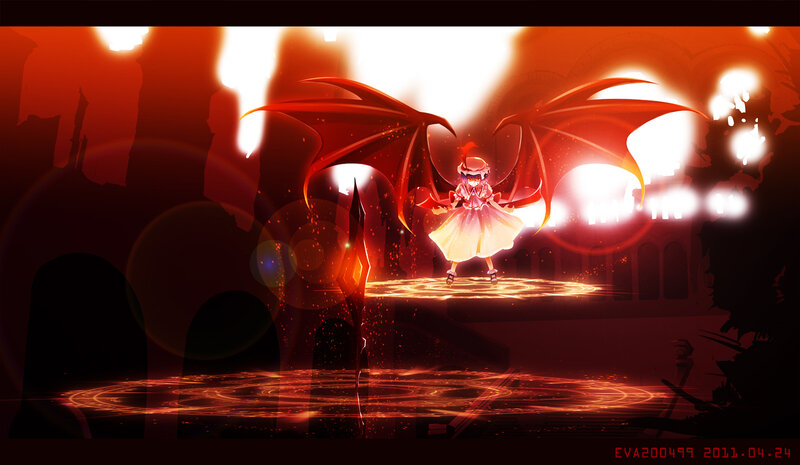 Anime Girl with Wings — Red, Dramatic, Night, Digital Art, Magic Circle