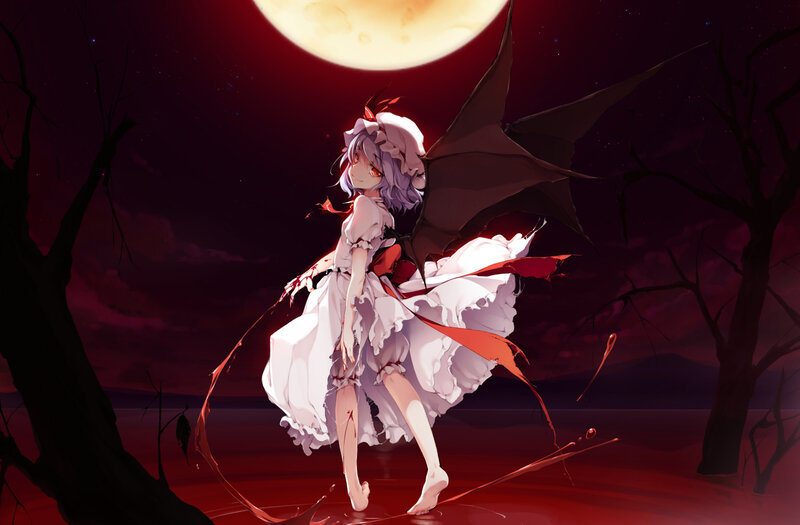 Anime Girl with Wings — Red, Dramatic, Night, Digital Art, Moon