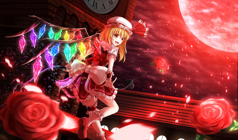 Anime Girl with Wings — Red, Dramatic, Night, Digital Art, Red Moon, Roses