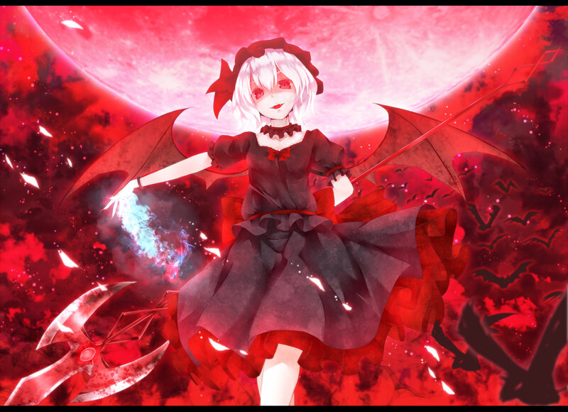 Anime Girl with Wings — Red, Dramatic, Night, Digital Art, Red Moon