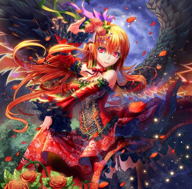 Anime Girl with Wings — Red, Dramatic, Night, Digital Art, Roses, Flowers