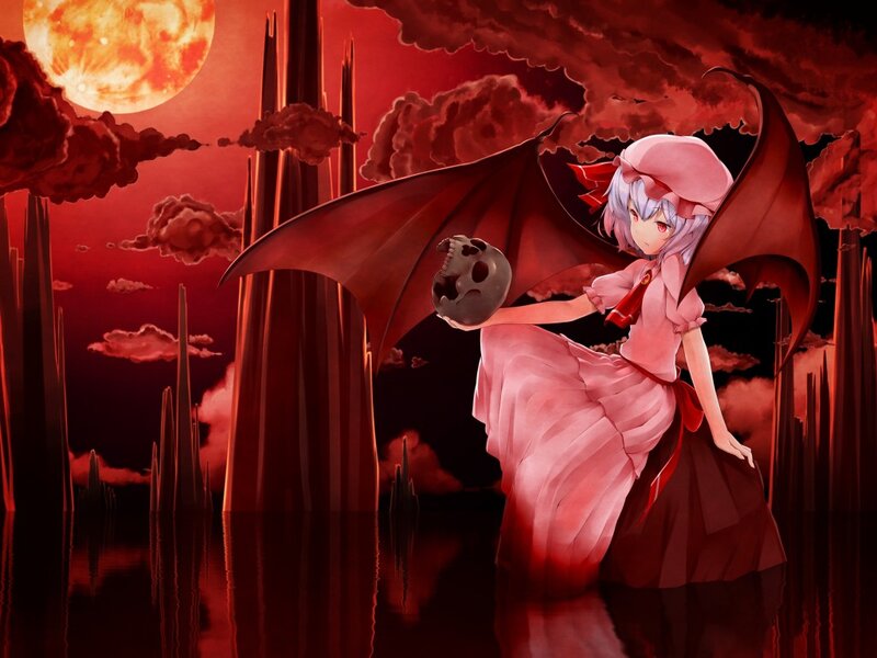 Anime Girl with Wings — Red, Dramatic, Night, Digital Art, Skull