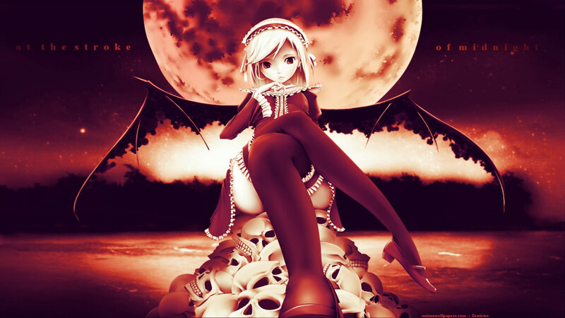 Anime Girl with Wings — Red, Dramatic, Night, Digital Art, Skulls
