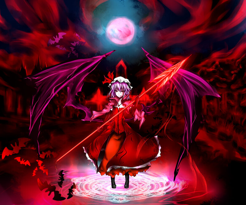 Anime Girl with Wings — Red, Dramatic, Night, Digital Art, Spear
