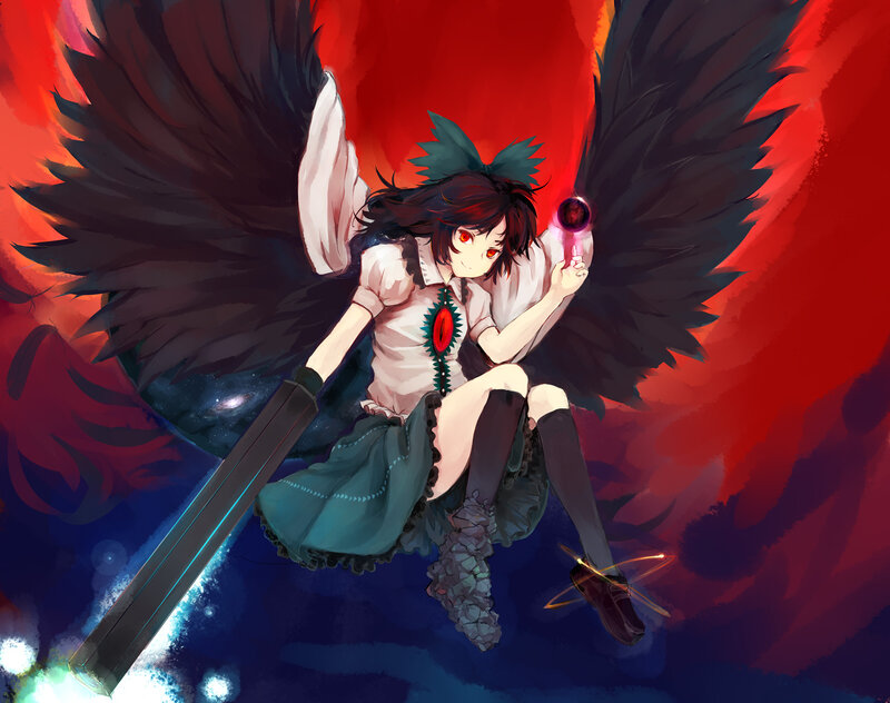 Anime Girl with Wings — Red, Dramatic, Night, Digital Art, Sword, Magic Orb