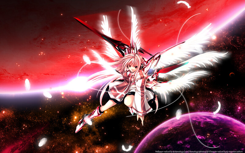 Anime Girl with Wings — Red, Dramatic, Night, Digital Art