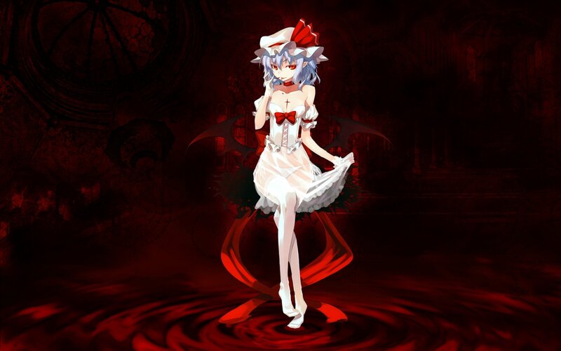 Anime Girl with Wings — Red, Dramatic, Night, Dress, Red Eyes