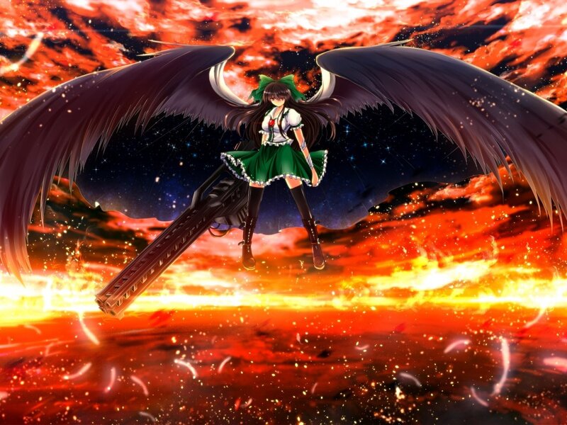 Anime Girl with Wings — Red, Dramatic, Night, Gun, Sky