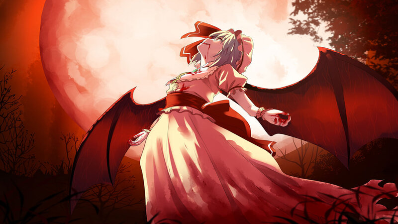 Anime Girl with Wings — Red, Dramatic, Night, Moon