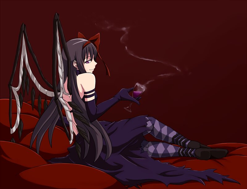 Anime Girl with Wings — Red, Dramatic, Night, Wine Glass