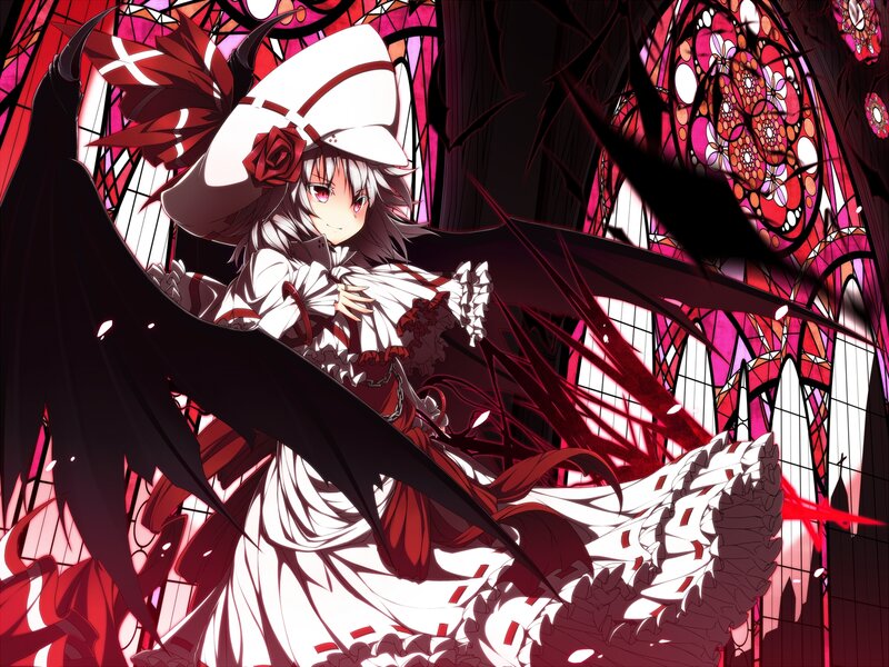 Anime Girl with Wings — Red, Dramatic, Stained Glass