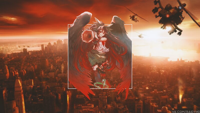 Anime Girl with Wings — Red, Dramatic, Sunset, Digital Art, Cityscape, Helicopter