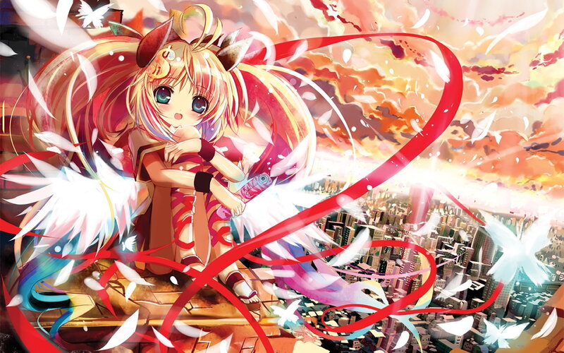 Anime Girl with Wings — Red, Dramatic, Sunset, Digital Art, Cityscape
