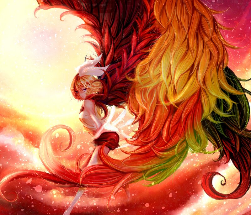 Anime Girl with Wings — Red, Dramatic, Sunset, Digital Art, Hair, Sky