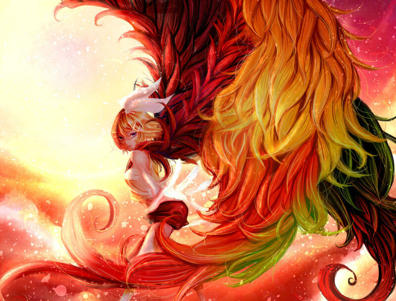 Anime Girl with Wings — Red, Dramatic, Sunset, Digital Art, Hair