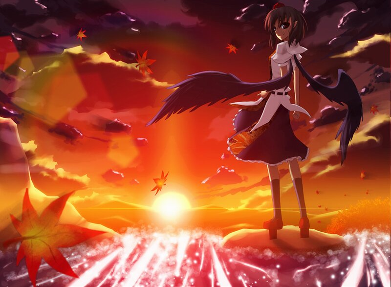 Anime Girl with Wings — Red, Dramatic, Sunset, Digital Art, Maple Leaves