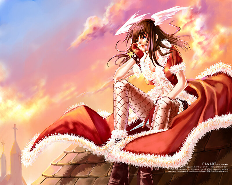 Anime Girl with Wings — Red, Dramatic, Sunset, Digital Art, Rooftop