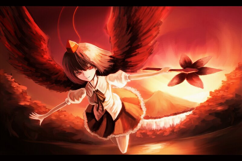 Anime Girl with Wings — Red, Dramatic, Sunset, Digital Art, Spear