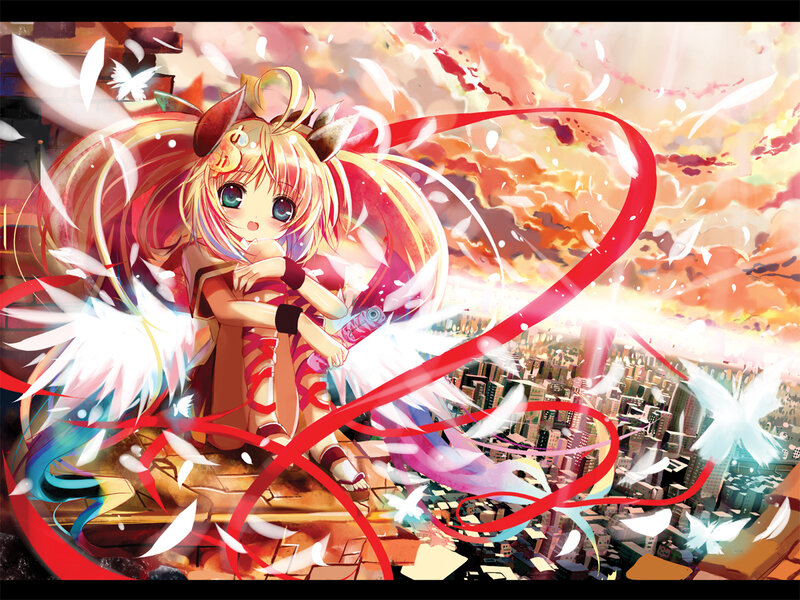 Anime Girl with Wings — Red, Dramatic, Sunset, Digital Art