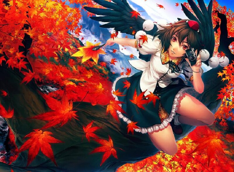 Anime Girl with Wings — Red, Dynamic, Autumn