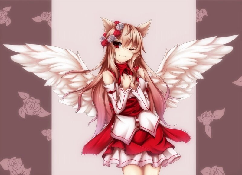 Anime Girl with Wings — Red, Serene, Digital Art, Flowers