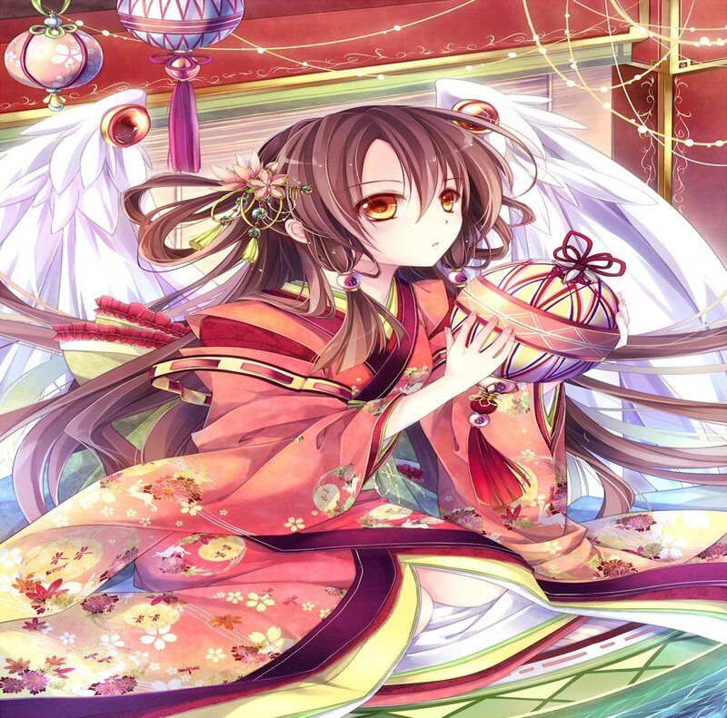Anime Girl with Wings — Red, Serene, Digital Art, Kimono