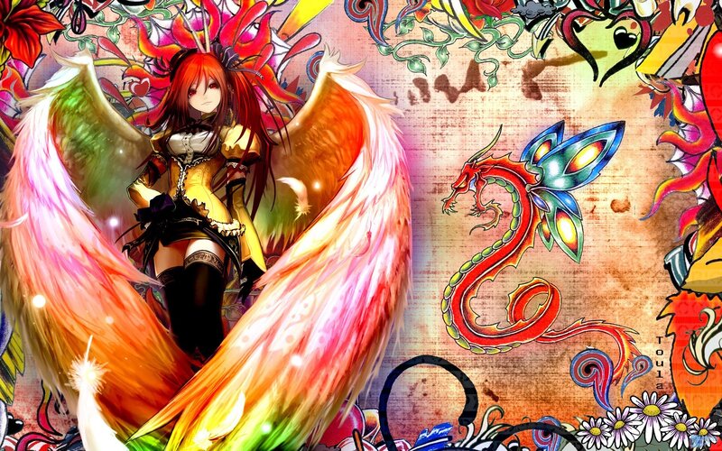 Anime Girl with Wings — Red, Vibrant