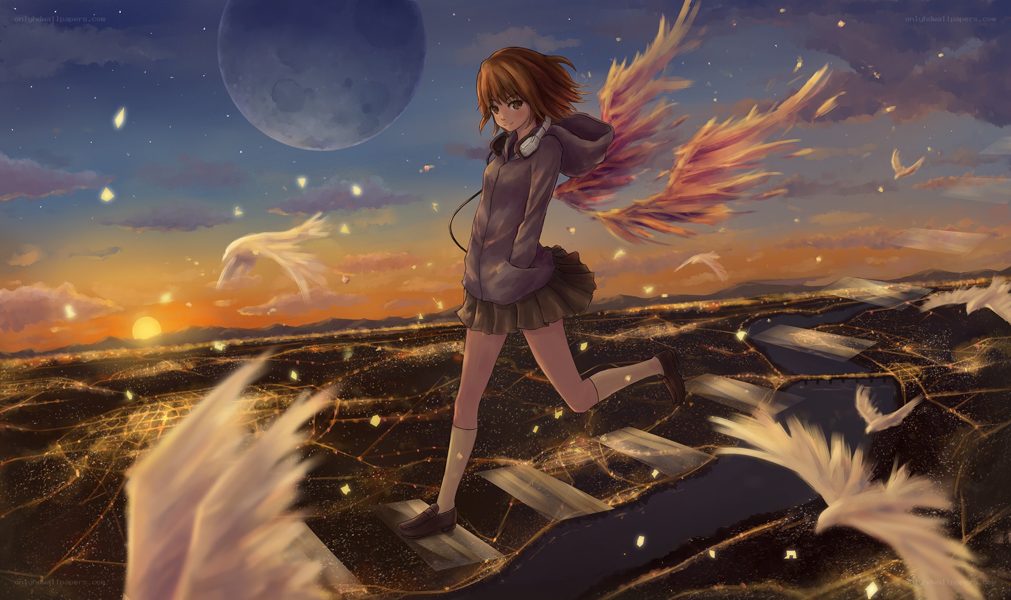 Anime girl with wings running