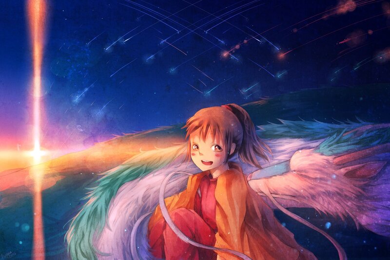 Anime girl with wings under meteor shower