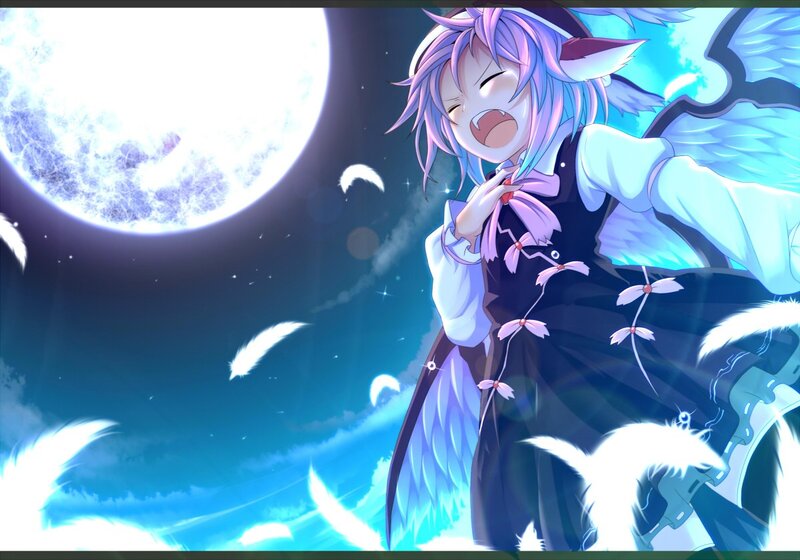 Anime girl with wings under moon