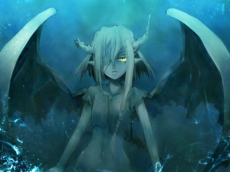 anime girl with wings underwater