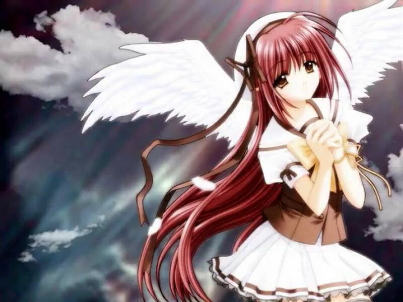 Anime Girl with Wings — White, Dramatic, Clouds, Skirt