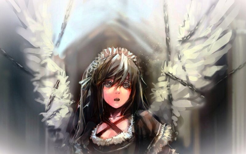 Anime Girl with Wings — White, Dramatic, Digital Art, Chains
