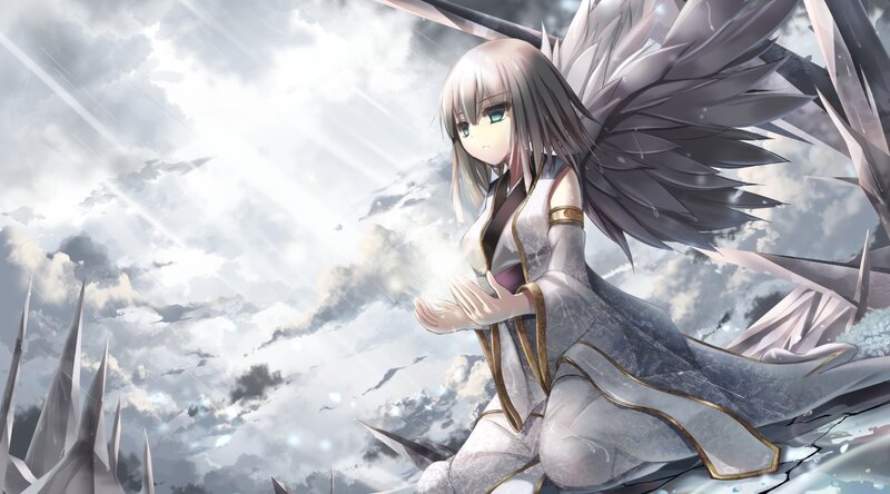 Anime Girl with Wings — White, Dramatic, Digital Art, Clouds, Crystals