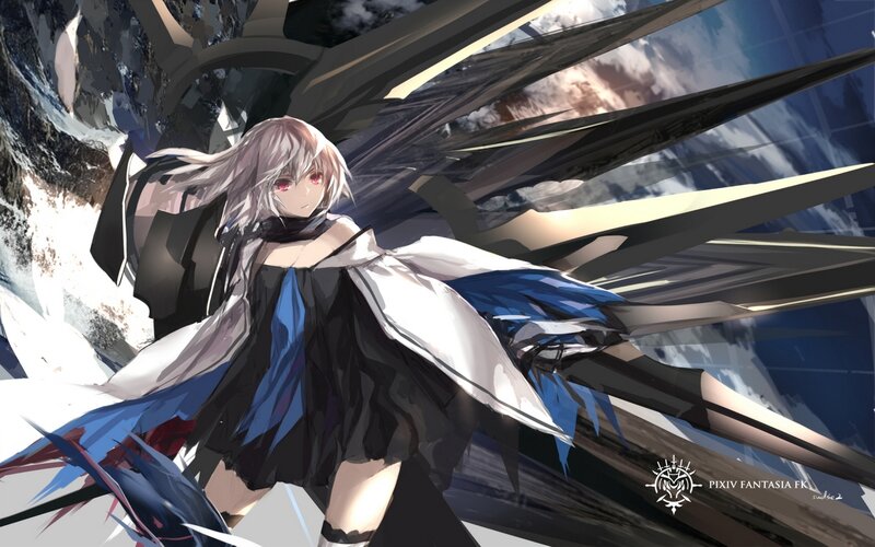 Anime Girl with Wings — White, Dramatic, Digital Art, Clouds, Mechanical Structures
